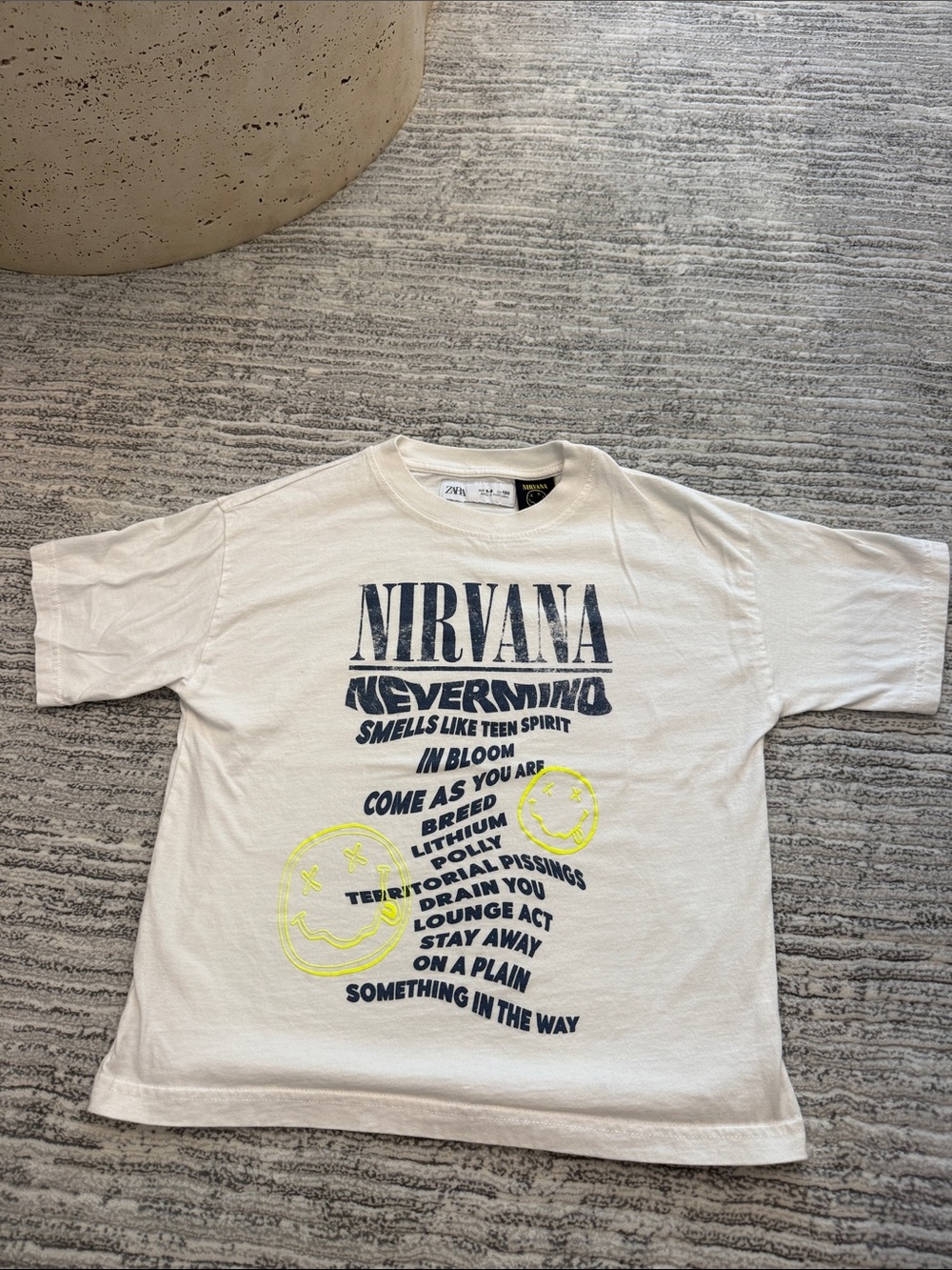 Zara White Nirvana Nevermind Graphic Tee with Neon Yellow Smiley